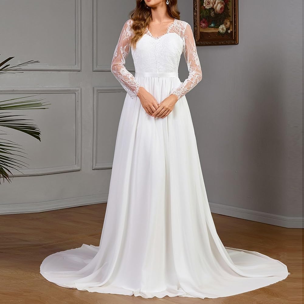 Vestido blanco manga larga encaje y falda chiffon