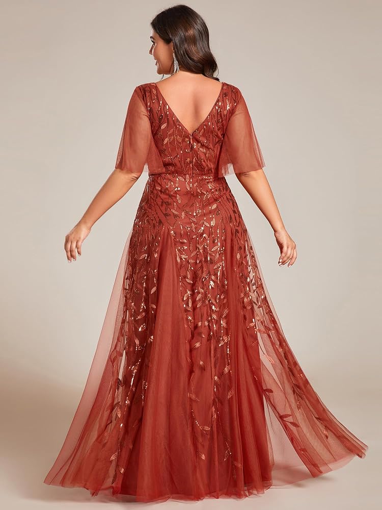 Vestido Terracota con escote en V aplicación lentejuelas hojas