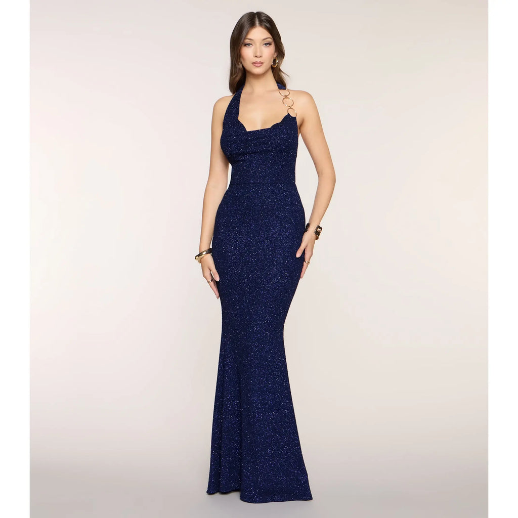 Vestido Taylor azul marino pegado al cuerpo brillante