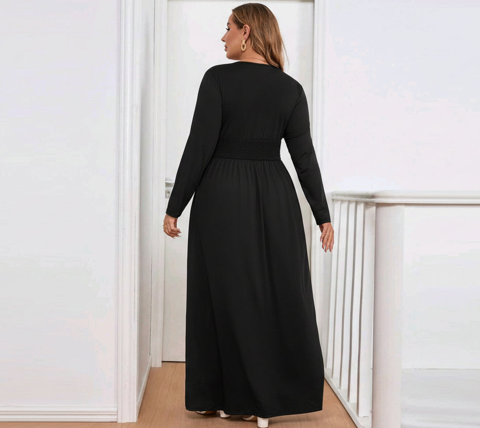 Vestido negro manga larga con escote en V