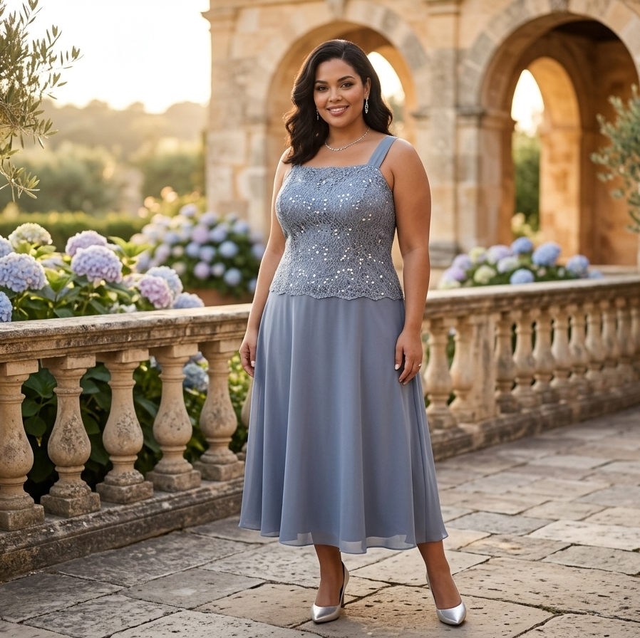 Vestido dusty blue oscuro encaje lentejuelas y falda chiffon