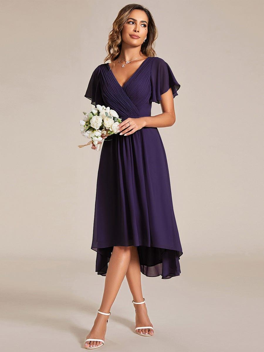 Vestido morado formal midi con escote en V