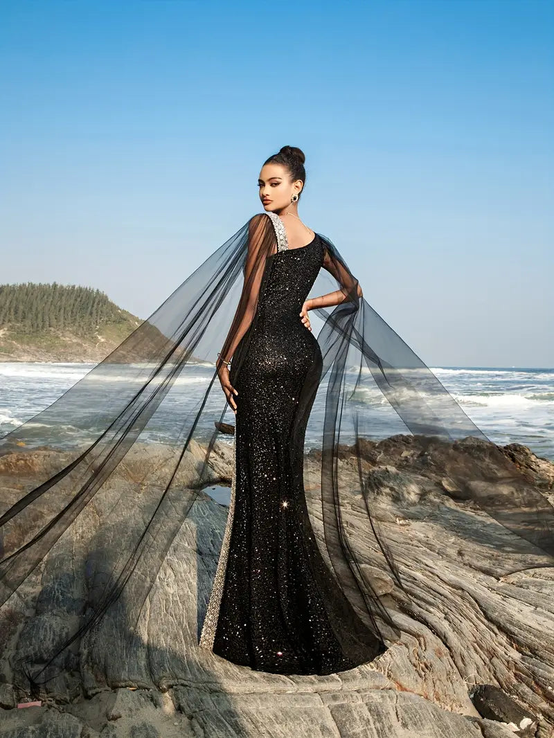 Vestido negro con plateado lentejuelas manga capa
