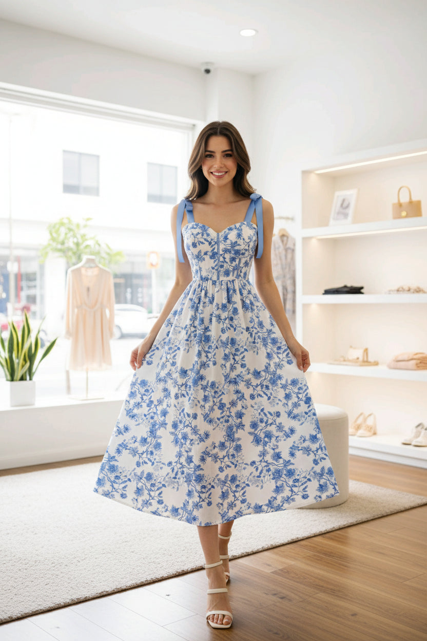 Vestido blanco con estampado floral celeste tirante ajustable