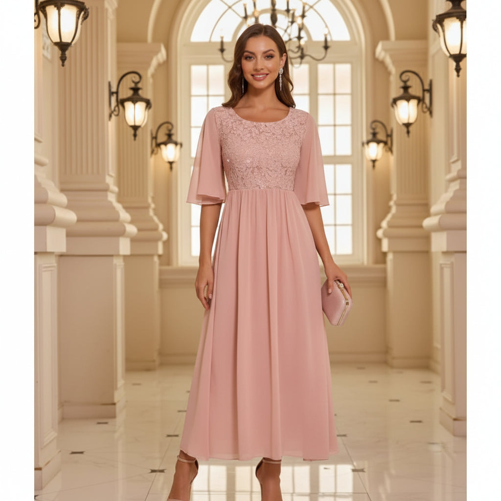 Vestido palo rosa manga capa corta encaje lentejuelas falda chiffon