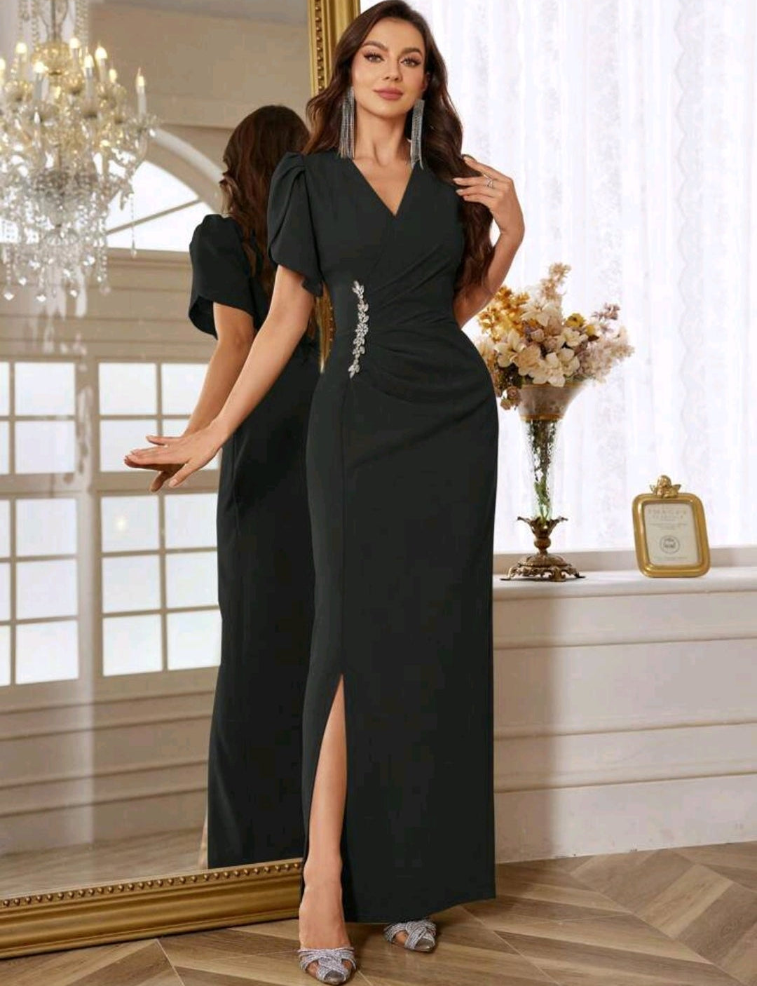 Vestido negro formal manga corta