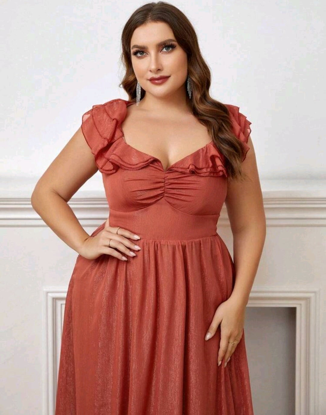 Vestido Terracota manga peplum corte A brillo sutil