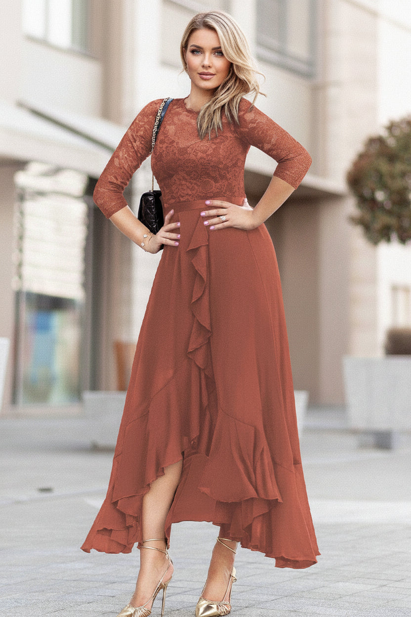 Vestido Terracota canela encaje y falda chiffon manga 3/4