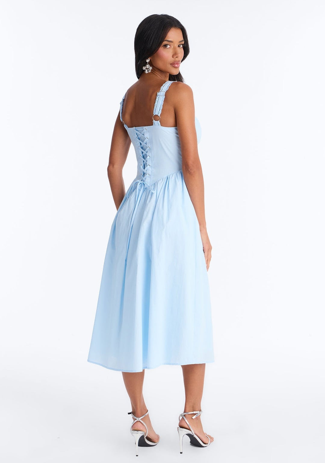 Vestido 100% algodón baby blue con corsé ajustable y abertura lateral