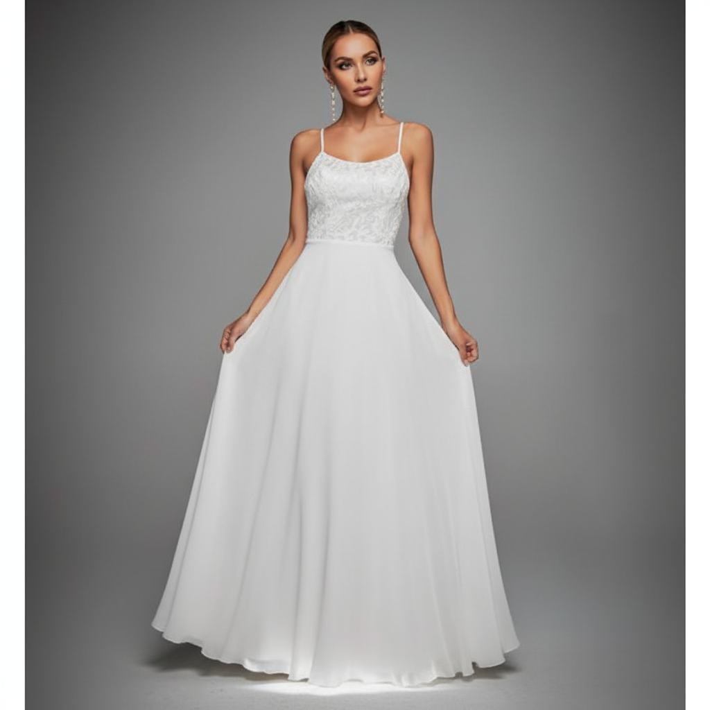 Vestido de Novia Largo con Cuerpo de Encaje y Falda Fluida