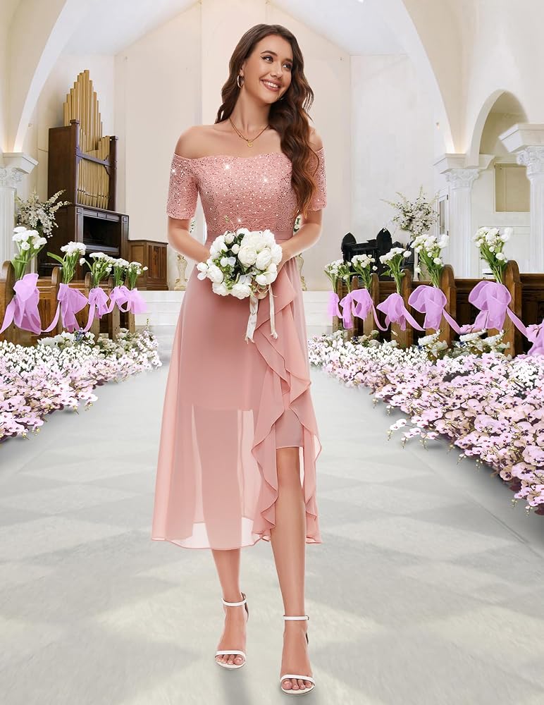 Vestido palo rosa encaje y lentejuelas falda chiffon off-the-shoulder