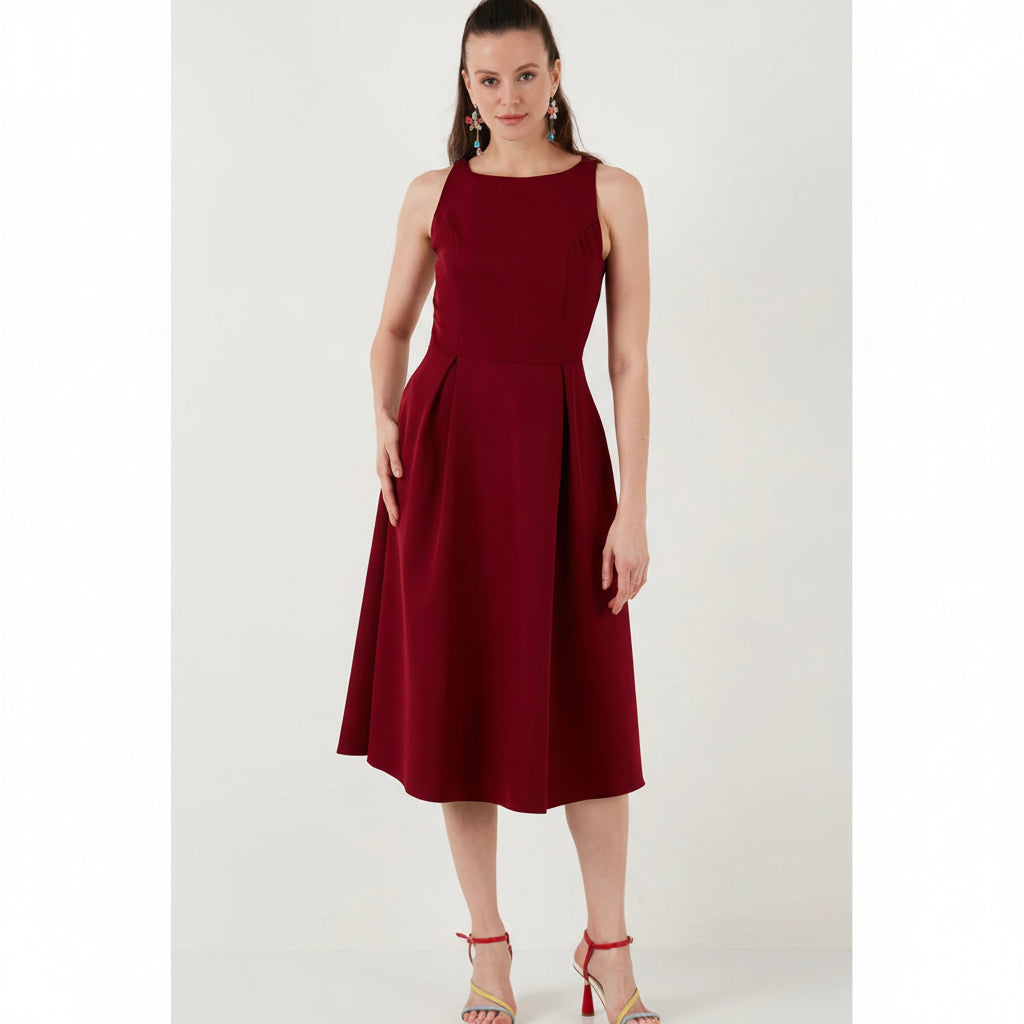 Vestido vino sin manga corte A midi
