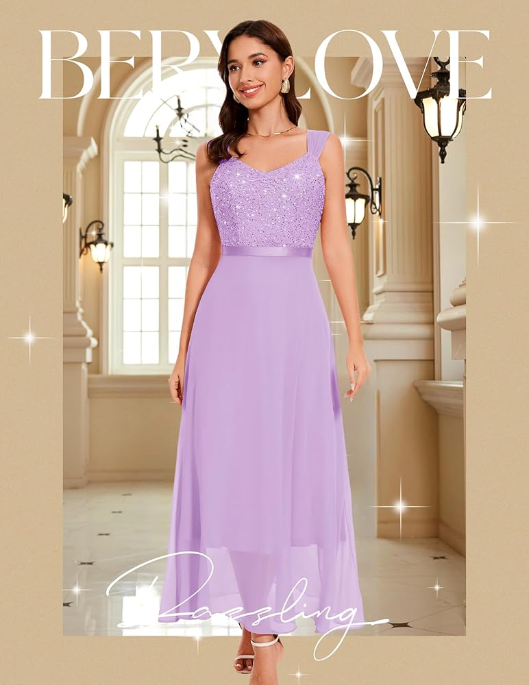 Vestido lila encaje y lentejuelas falda chiffon