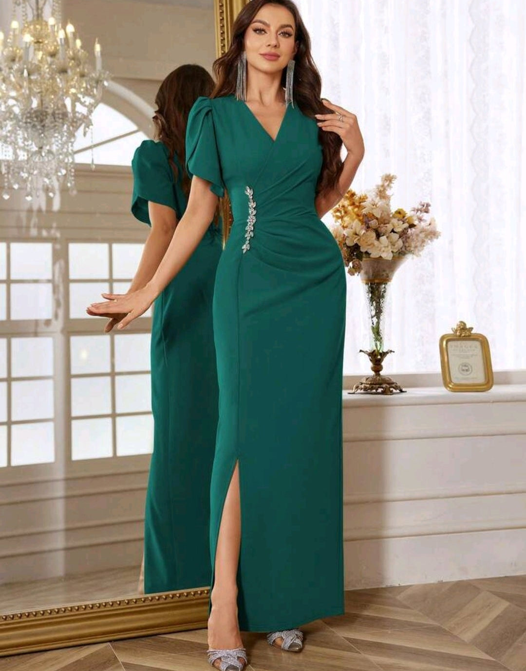 Vestido verde esmeralda formal manga corta
