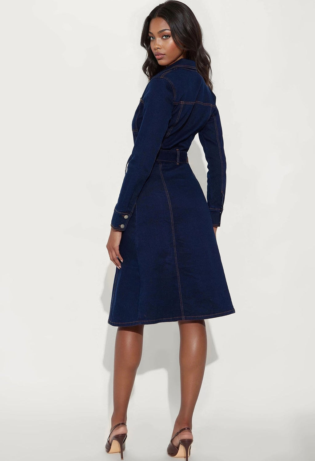 Vestido denim azul oscuro manga larga con botones