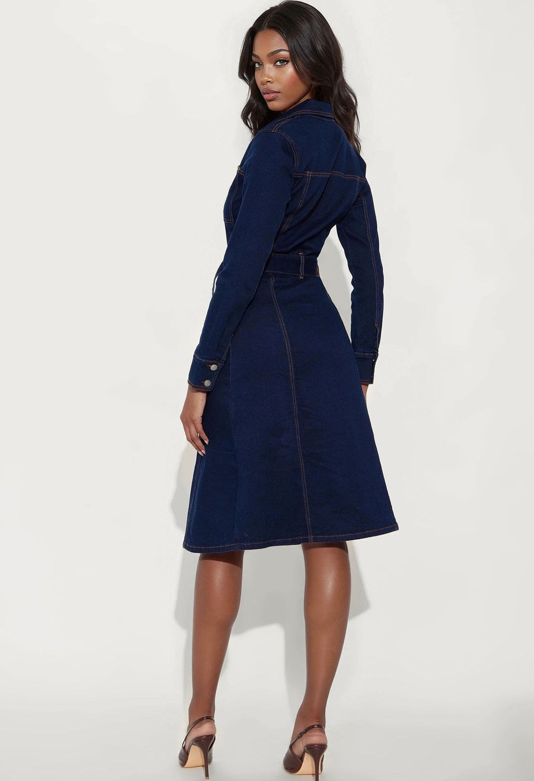 Vestido denim azul oscuro manga larga con botones