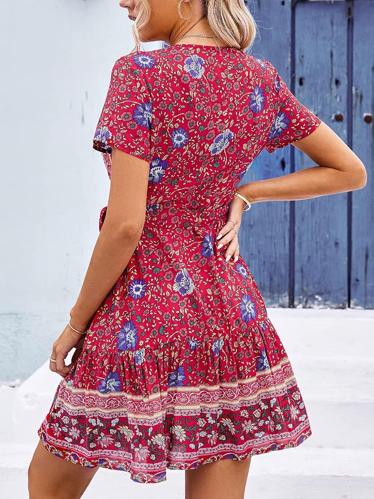 Vestido casual rojo floral bohemio