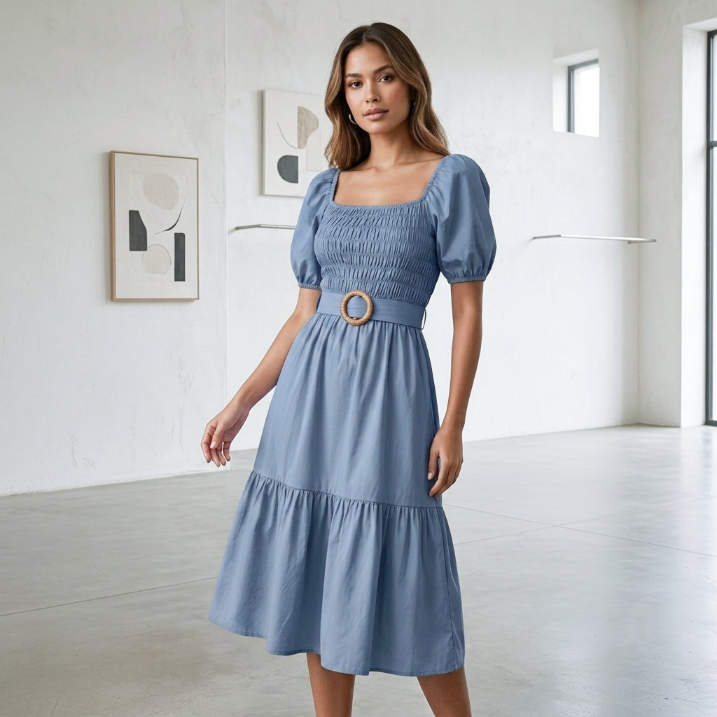 Vestido dusty blue midi con manga bombacha