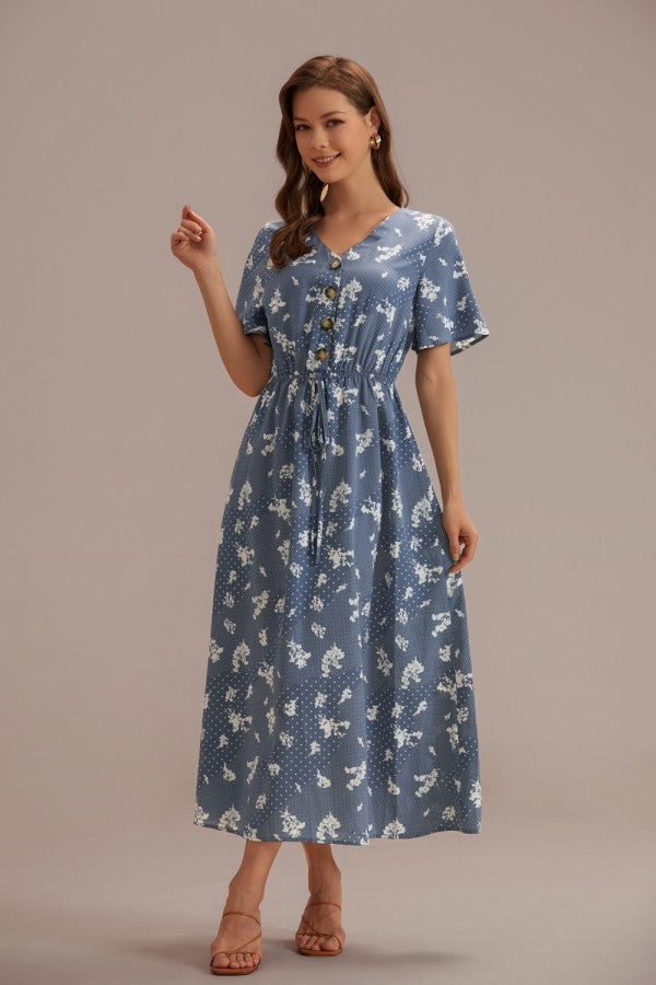 Vestido dusty blue con estampado manga corta