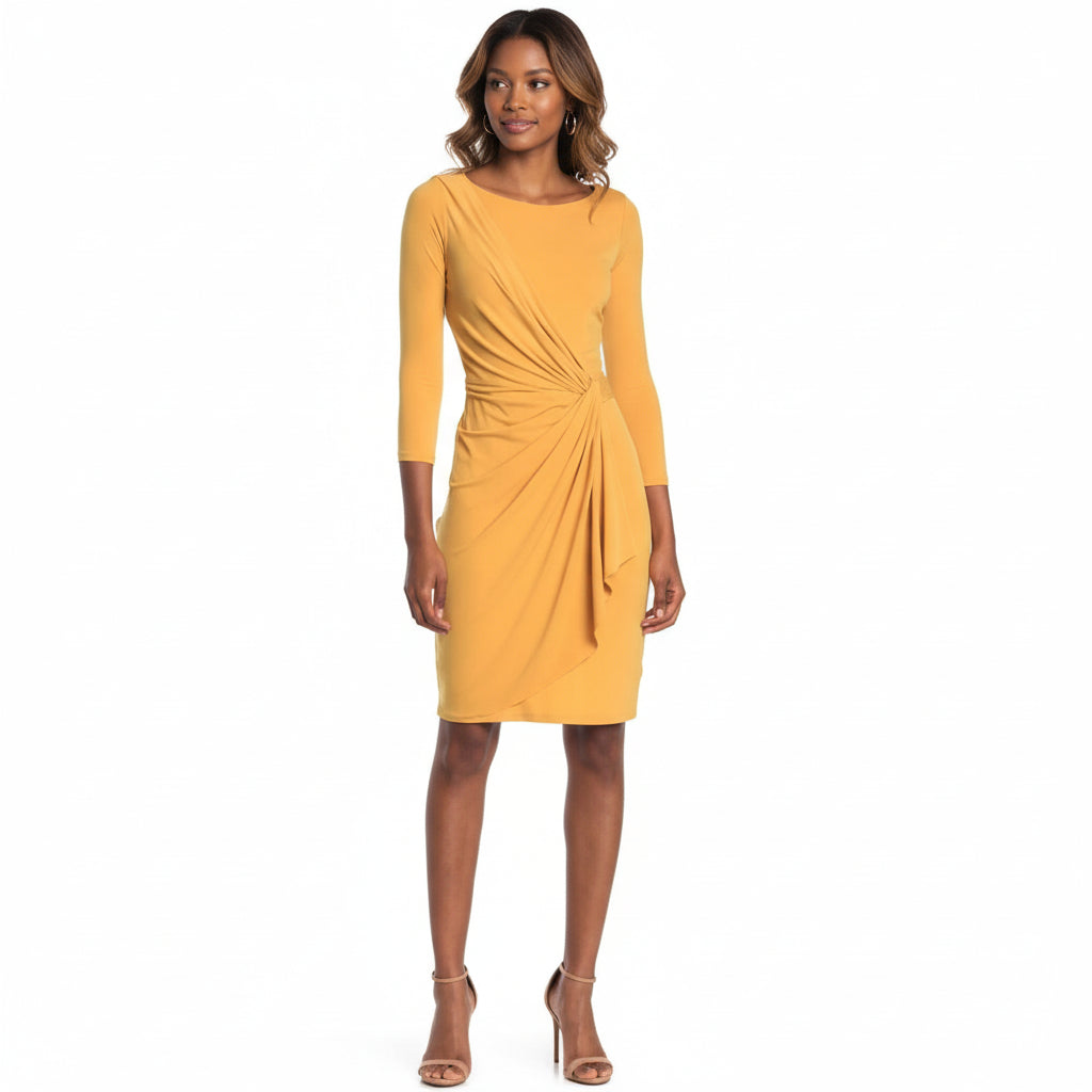 Vestido formal midi mostaza manga 3/4