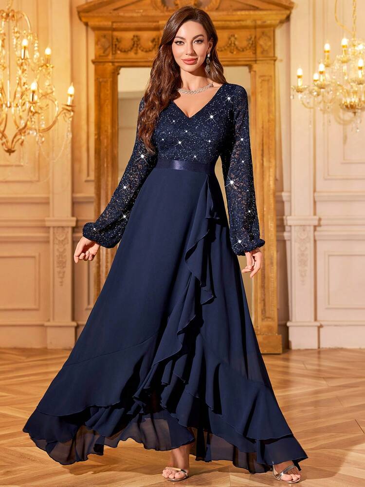 Vestido azul marino encaje lentejuelas manga larga y falda chiffon