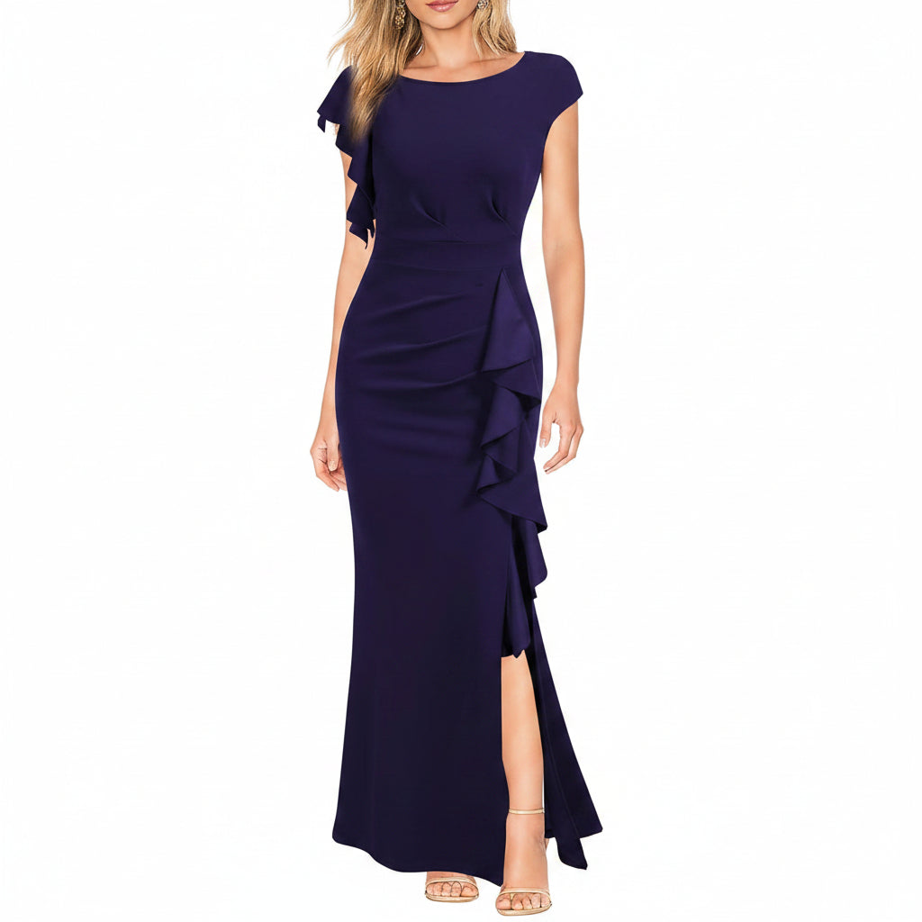 Vestido azul oscuro manga corta con peplum
