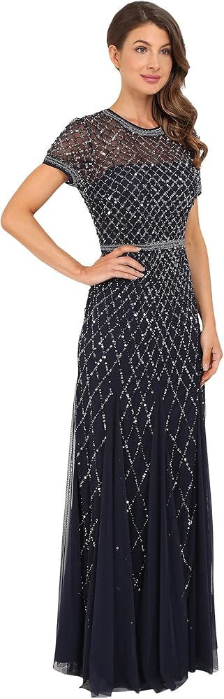 Vestido azul marino con pedrería plateada manga corta