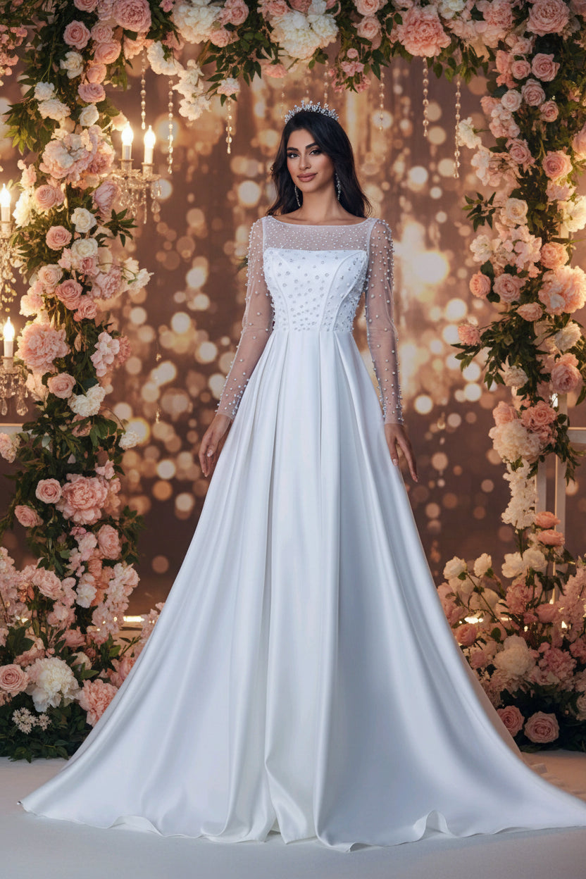 Vestido de Novia Princesa con Pedrería de Perlas y Espalda Corsé