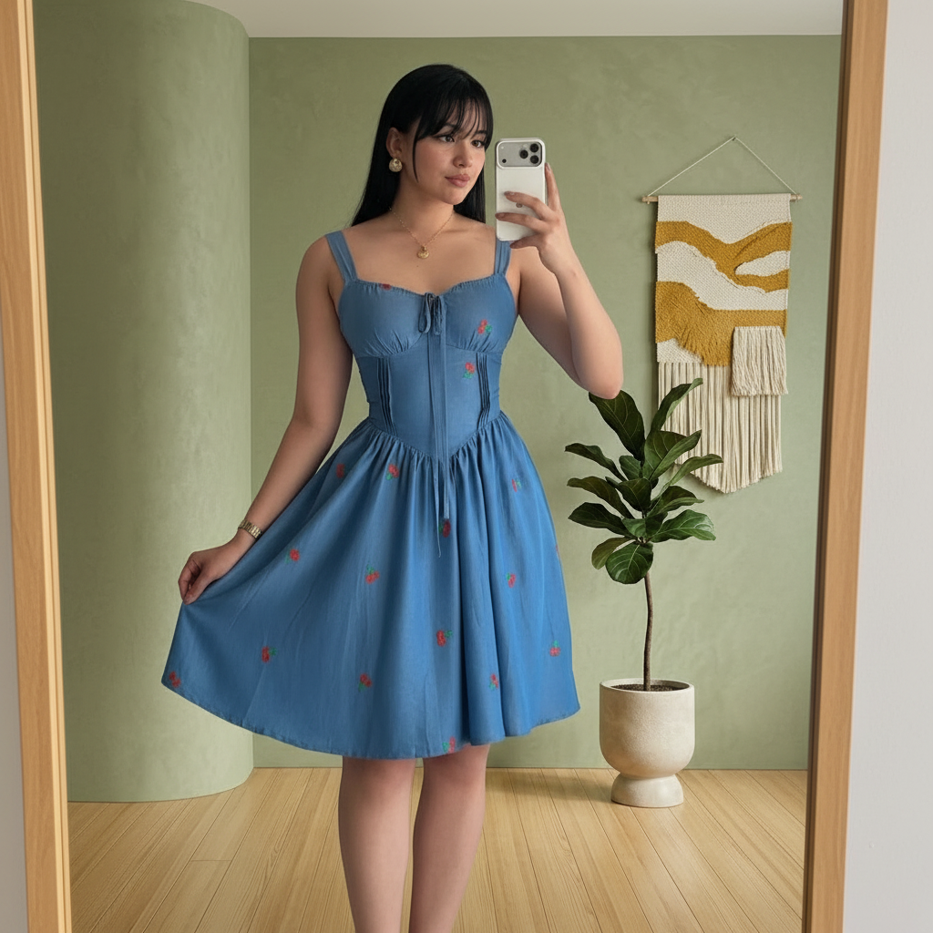 Vestido denim claro con cerezas espalda ajustable semi abierta