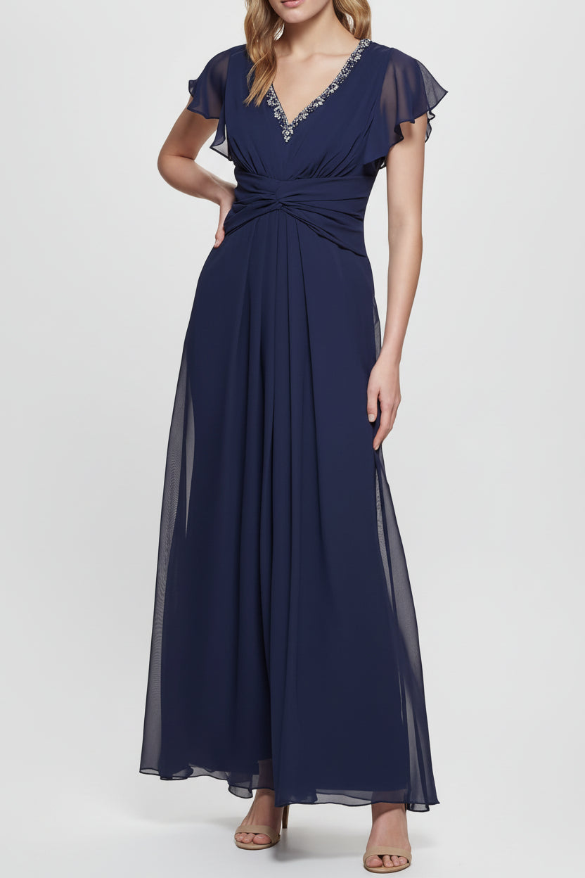Vestido azul marino cuello V con pedrería