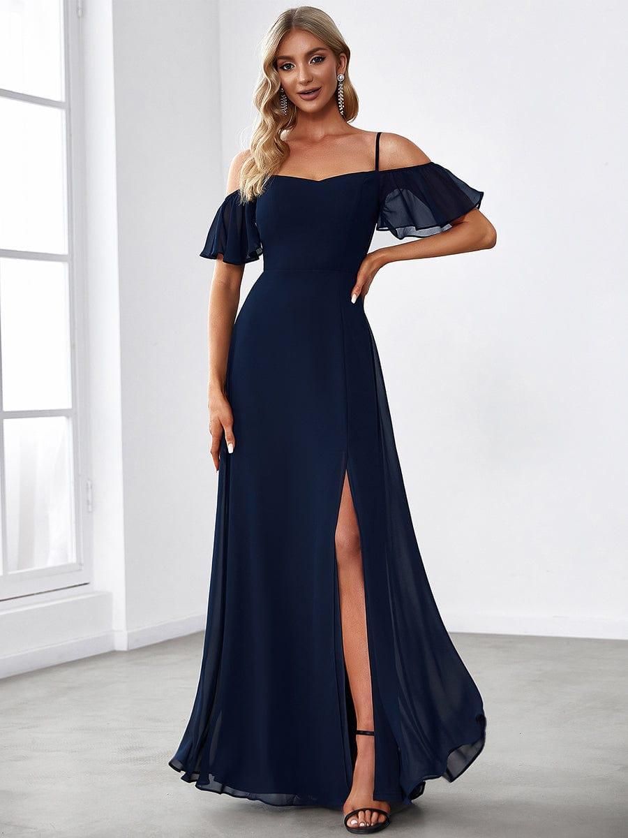 Vestido azul marino manga off-the-shoulder corte A