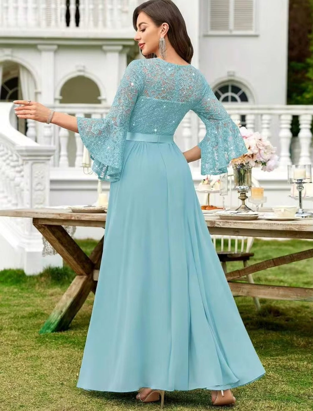 Vestido aqua encaje lentejuelas manga mariposa falda chiffon