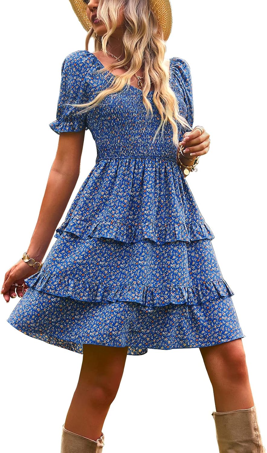 Vestido azul con flores pequeñas falda capas