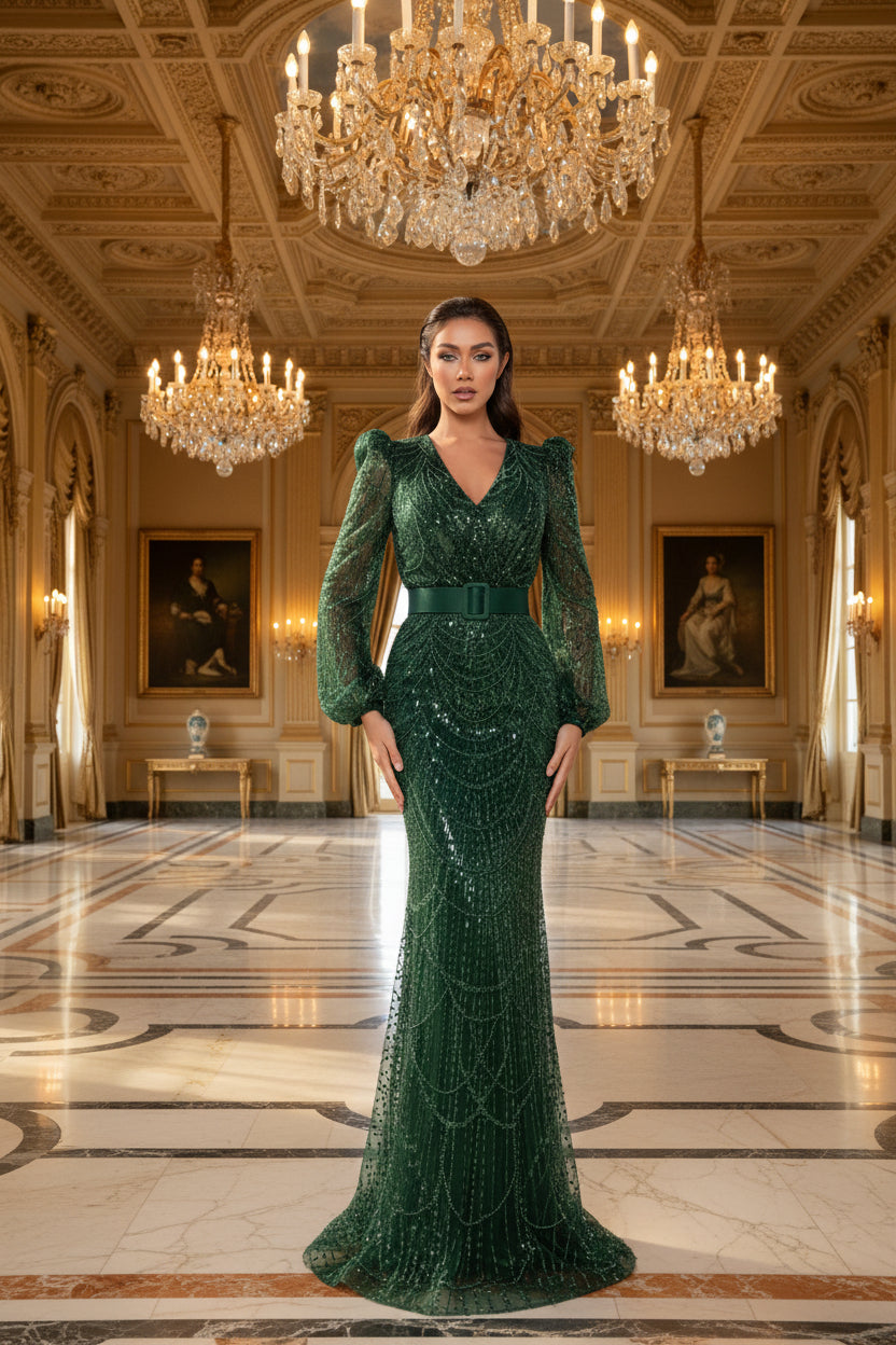 Vestido verde esmeralda pedrería manga larga corte sirena