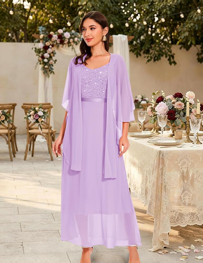 Vestido lila encaje y lentejuelas falda chiffon