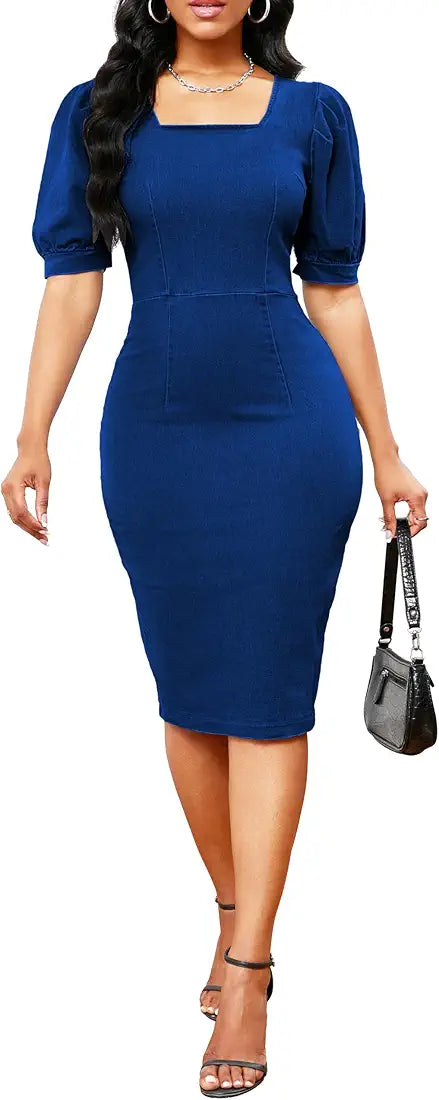 Vestido midi mezclilla azul stretch con escote cuadrado, pegado al cuerpo