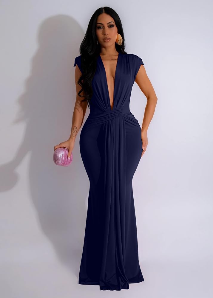 Vestido azul marino escote pronunciado pegado al cuerpo