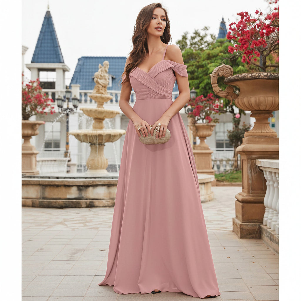 Vestido palo rosa off-the-shoulder corte A