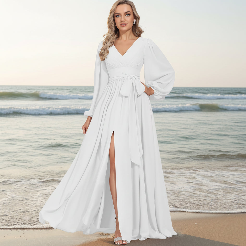 Vestido blanco manga larga con abertura lateral