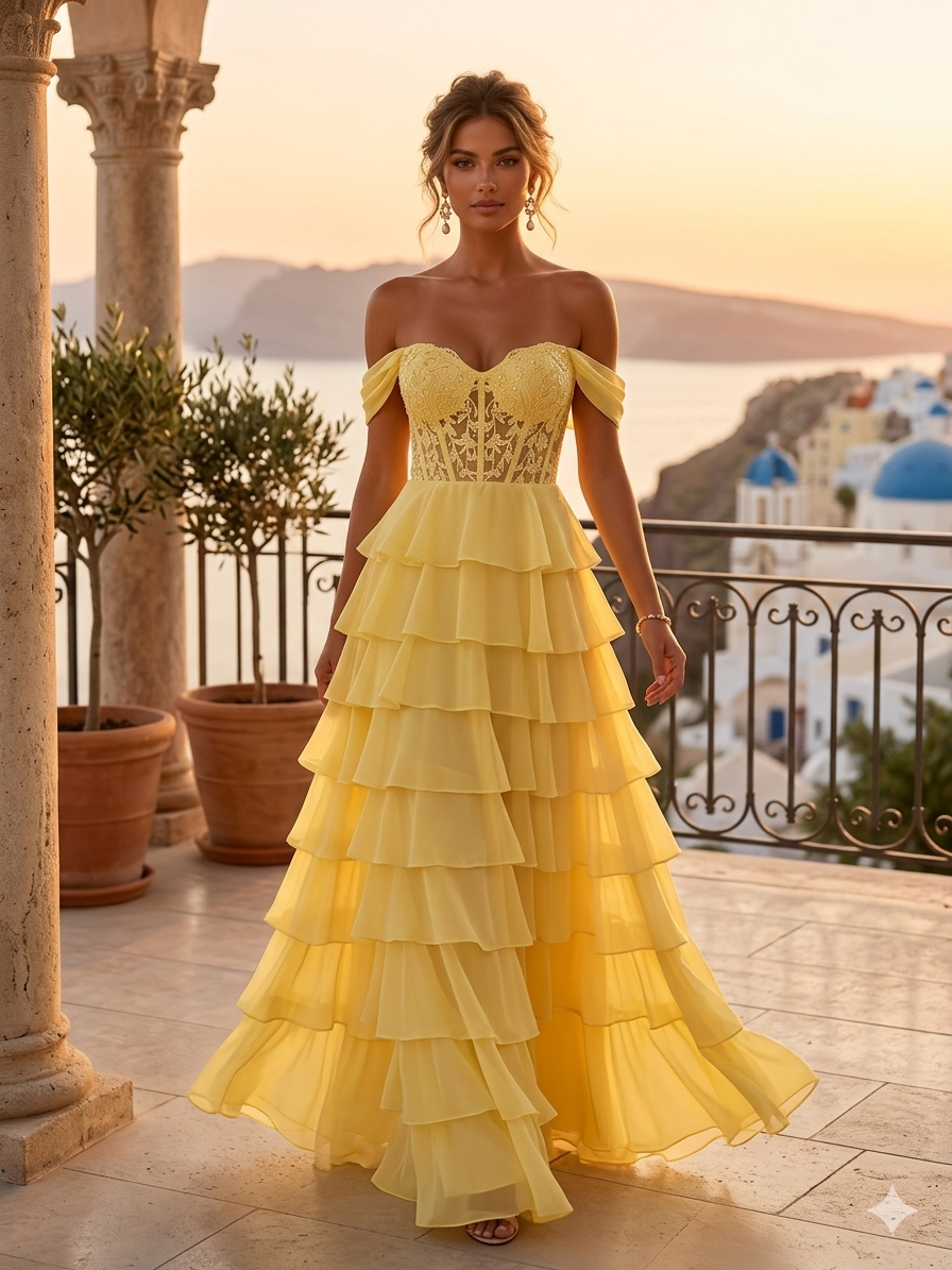 Vestido amarillo off-the-shoulder falda capas con abertura lateral