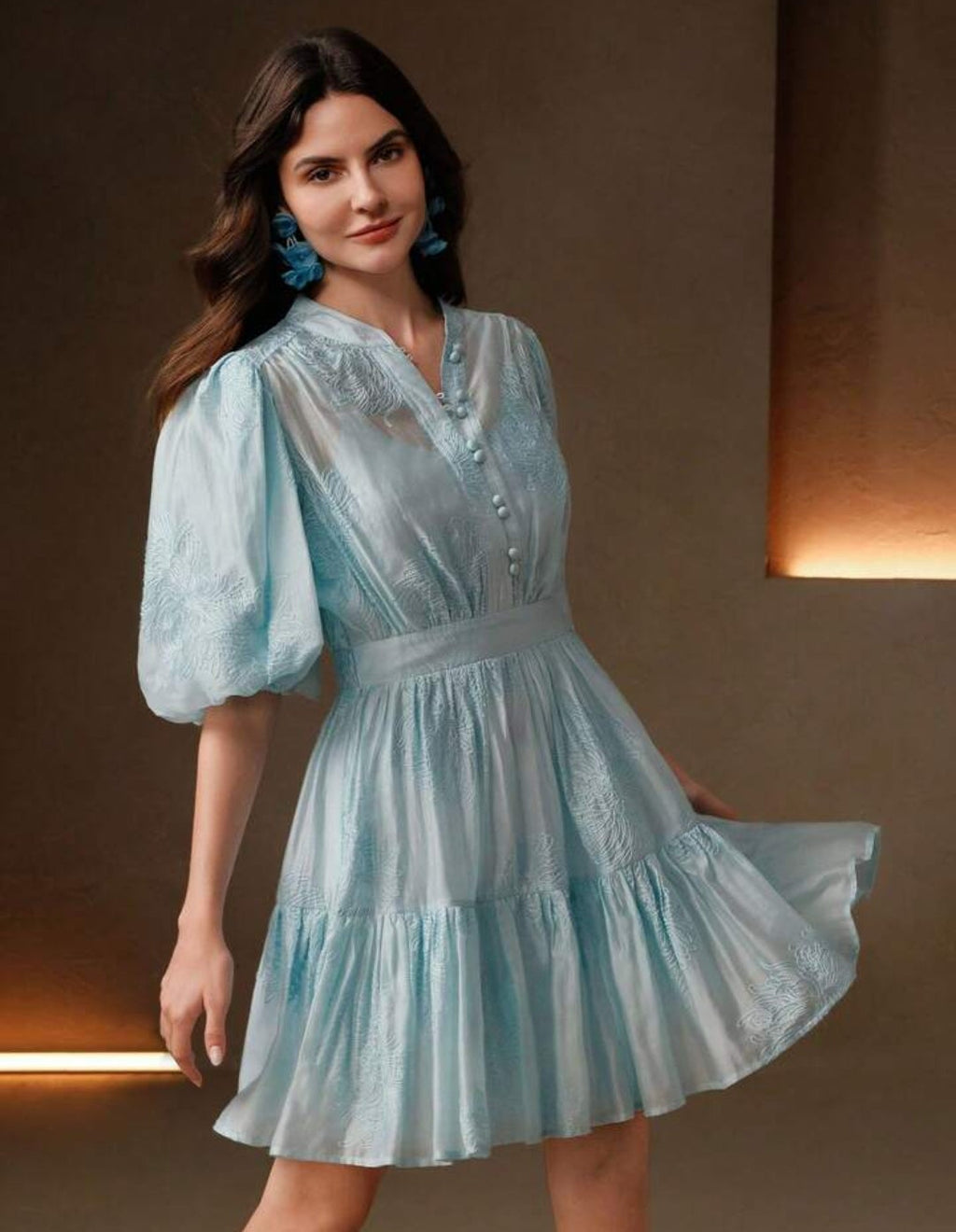 Vestido celeste manga corta bombacha corte A