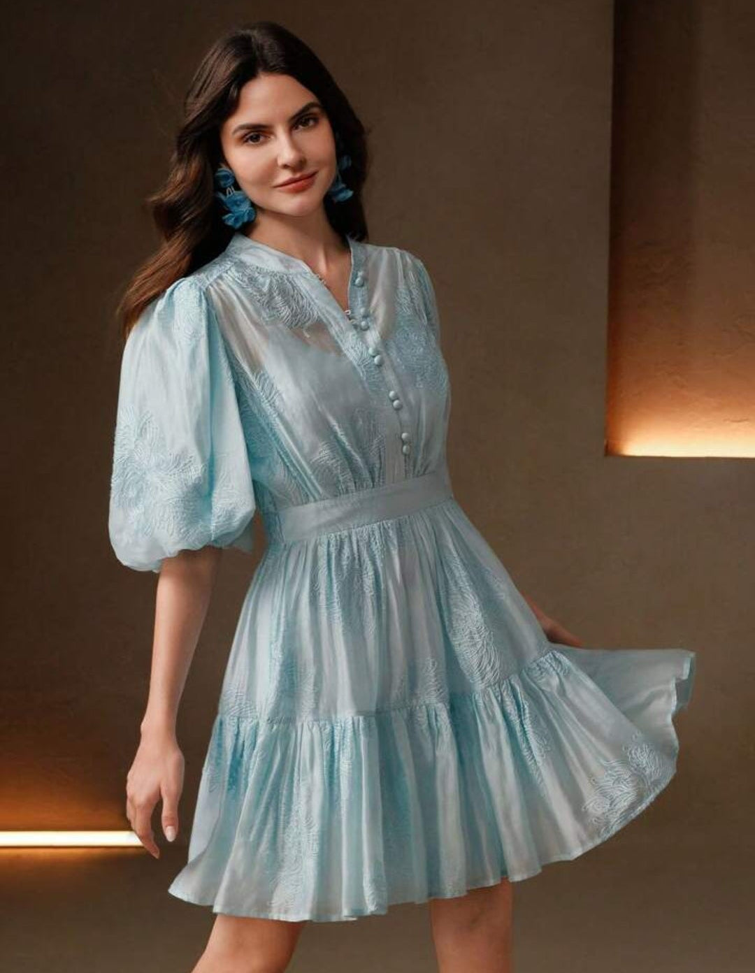 Vestido celeste manga corta bombacha corte A