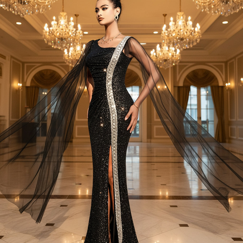 Vestido negro con plateado lentejuelas manga capa