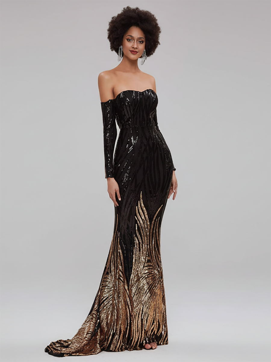 Vestido negro straple lentejuelas con degradado en dorado