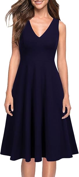 Vestido midi azul marino con escote en V y bolsas invisibles