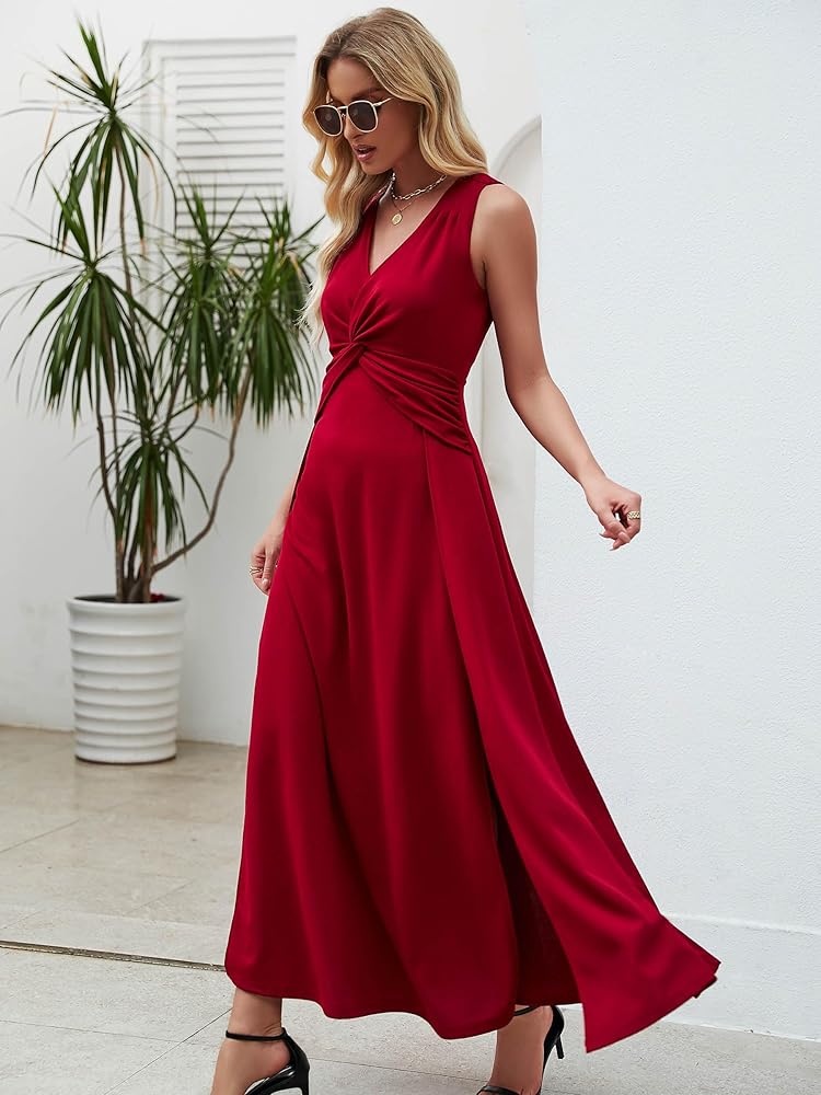 Vestido rojo con escote en V y 2 aberturas corte A