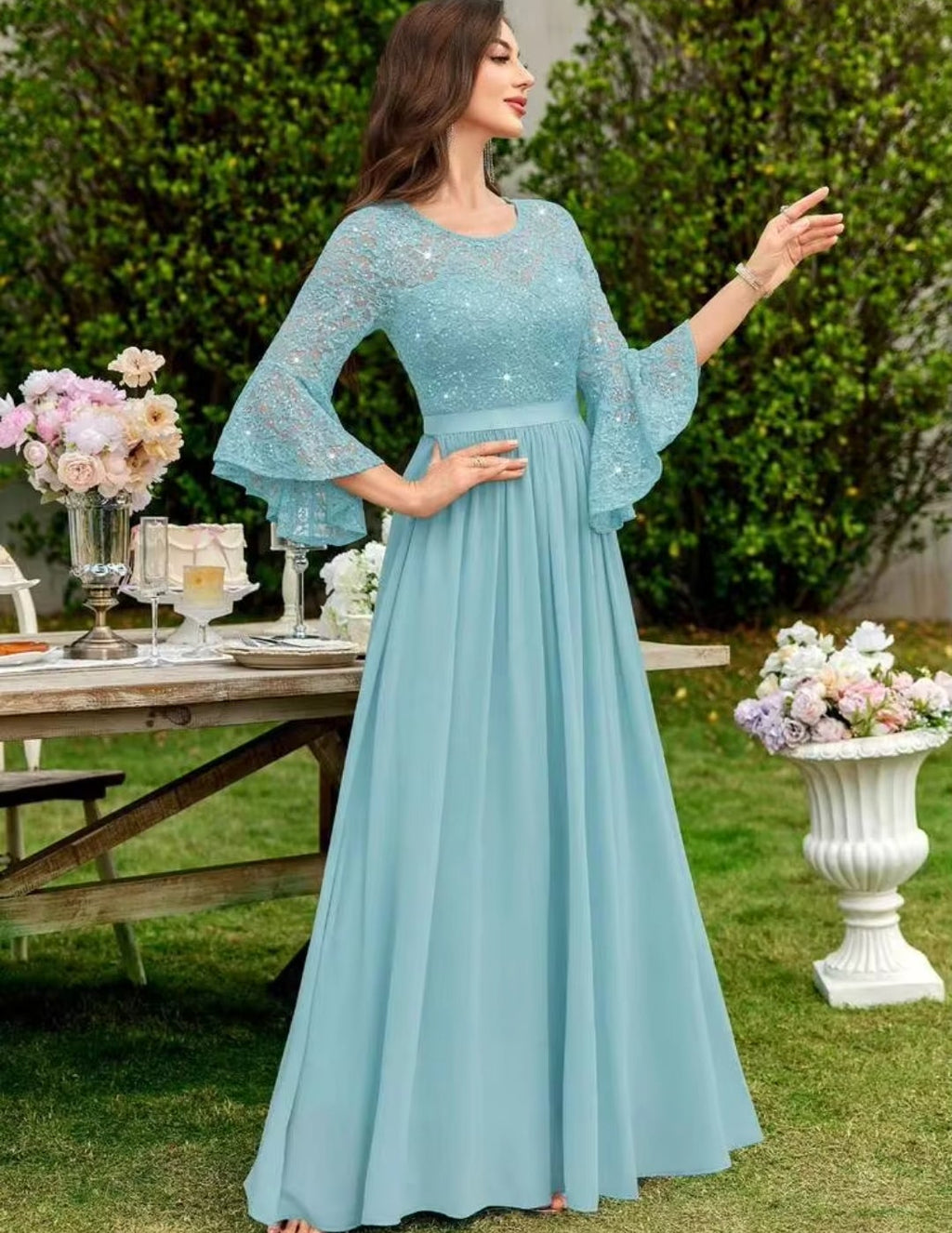 Vestido aqua encaje lentejuelas manga mariposa falda chiffon
