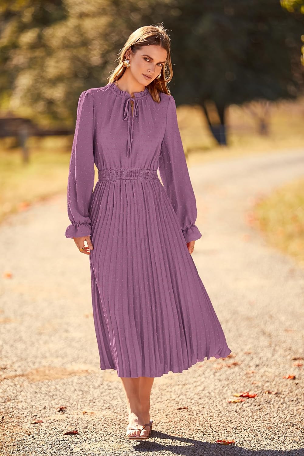 Vestido mauve claro manga larga plisado