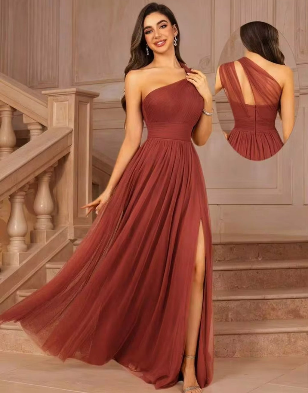 Vestido Terracota de una manga con abertura lateral de Tul