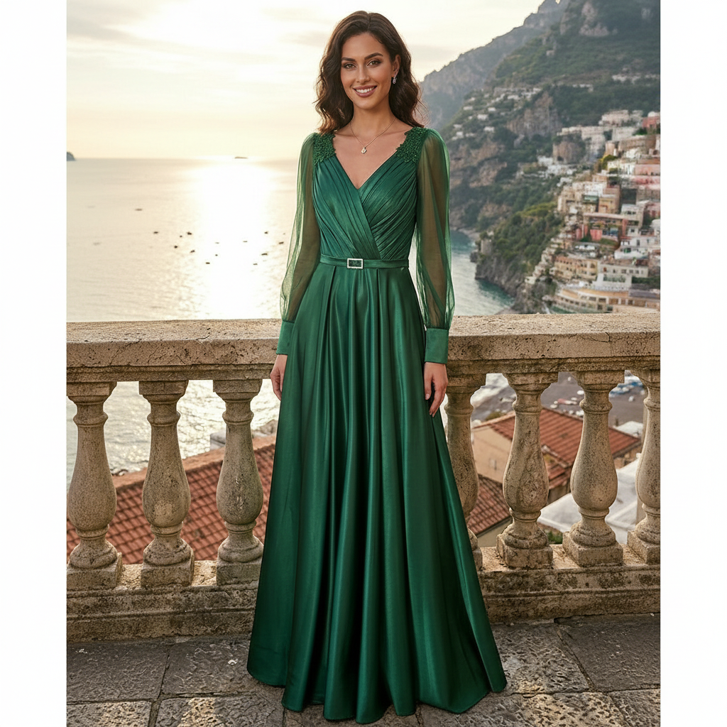 Vestido verde esmeralda satindo manga larga con transparencia